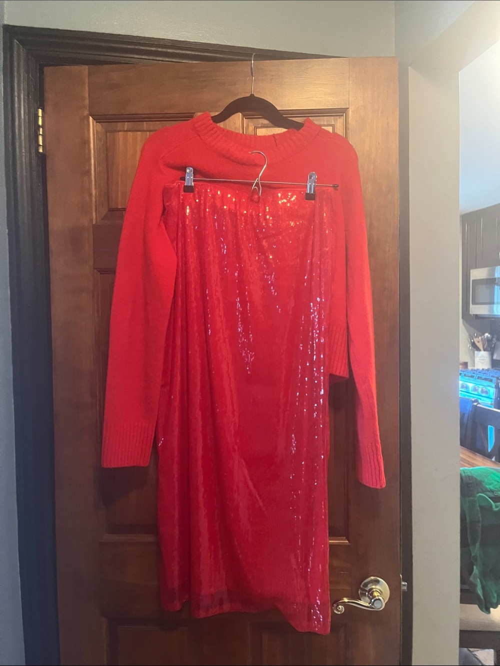 Red Sequin Skirt Set with Knit Sweater